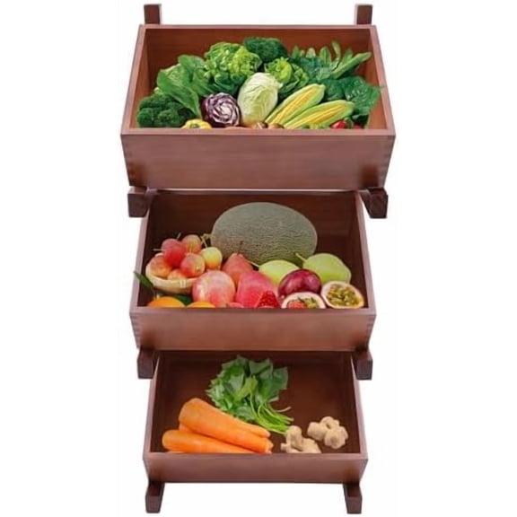 Wood Fruit and Vegetable Basket Stand Rack for Kitchen, 3 Tier Fruit Basket for Kitchen, Utility Shelf Organizer, Organizer Bins Rack for Onions and Potatoes, Baskets, Rustic Brown