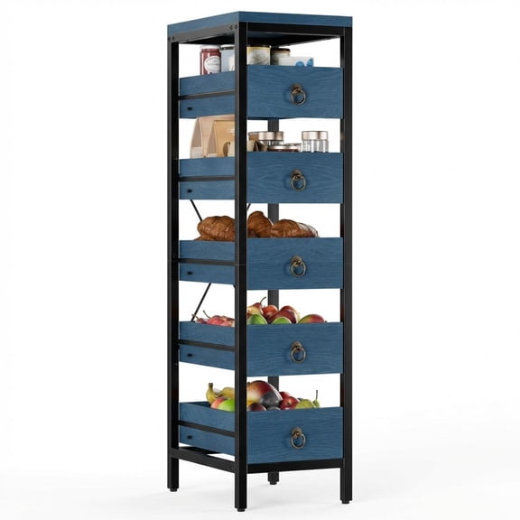 Wood Fruit and Vegetable Storage Rack, 5-Tier Narrow Snack Fruit Display Stand, Utility Shelf Organizer for Kitchen, Living Room, Bedroom