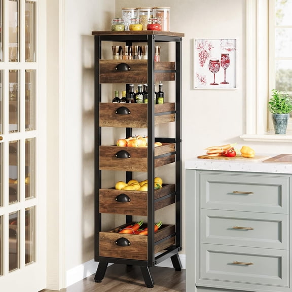 Wood Fruit and Vegetable Storage Rack, Narrow Snack Stand Kitchen Stand Fruit Basket, Pull-Out Utility Organizer for Kitchen, Living Room