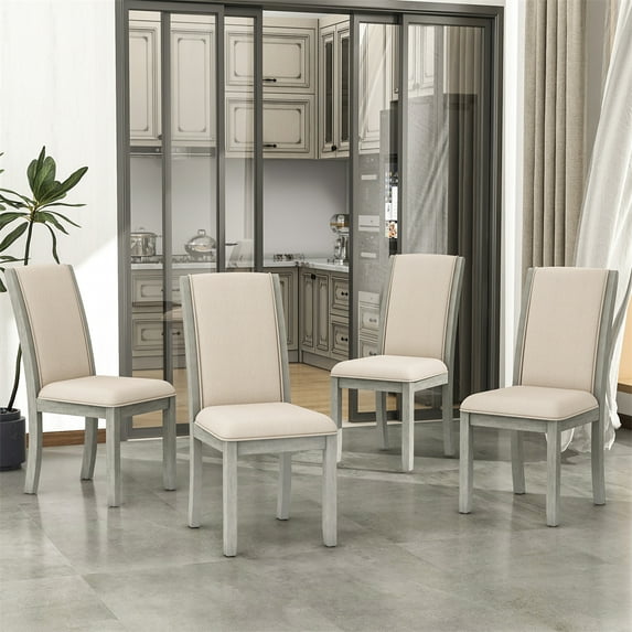 Wood Full Back Dining Chairs Set of 4, Upholstered Back&Seat Chairs Set, Modern Side Chairs with Wood Frame and Legs for Living Room, Kitchen, Small Places and Restaurant, Gray+Beige Cushion