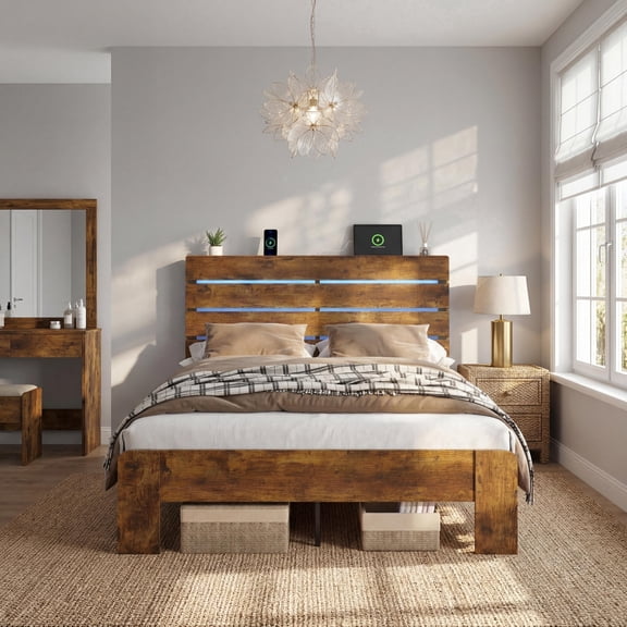 Wood Full Bed Frame with Headboard, Holaki Rustic Farmhouse Platform Bed Frame with USB Port & LED Lights, Heavy-Duty Wood & Metal Frame, No Box Spring Needed, Easy Assembly