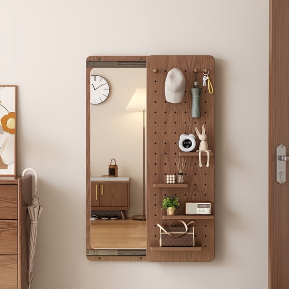 Wood Full-Length 60-in Mirror with Shelf & Hooks - Rustic Modern Vertical Wall-Mounted Mirror, Large Rectangular Chest of Drawers for Entryway, Living Room - Solid Wood Frame (Cherry/Beech), Space-Sa