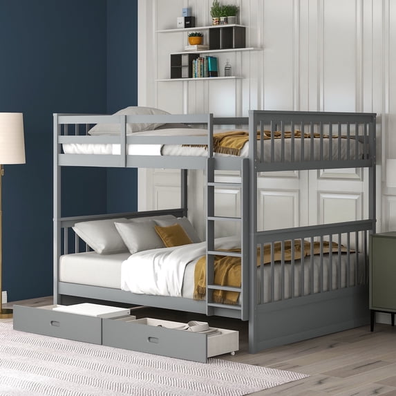 Harper & Bright Designs Wood Full Over Full Bunk Bed with Two Storage Drawers and Ladders Adults, Gray