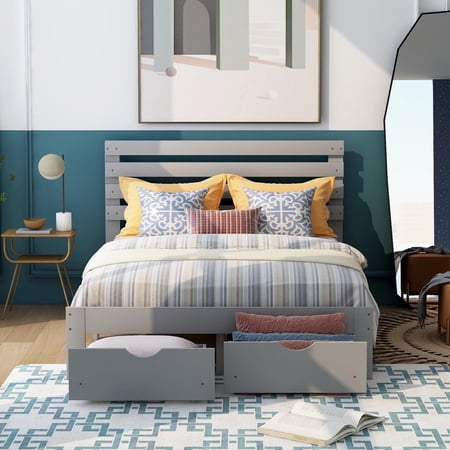 Wood Full Platform Bed Frame with Headboard, BTMWAY Full Bed with Storage Drawers, Modern Full Bed Frame with Wood Slats Supports, Full Size Platform Bed Frame for Bedroom, No Box Spring Needed, Gray
