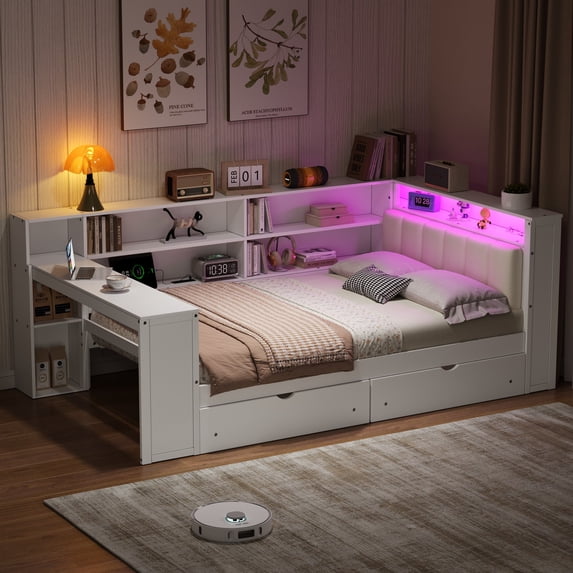Wood Full Platform Bed w/ LED, Charging Station, Desk & Storage Shelves/Drawers - White/Beige Upholstered Headboard - Bedroom Furniture