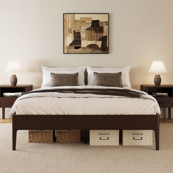 Wood Full Platform Bed with Wood Slats and Metal Support, 15Inch High Bed Frame for Small Space, No Box Spring Needed, Chocolate