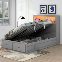 Wood Full/Queen Size Hydraulic Platform Bed with Storage LED Headboard, Charging Station and 2 Drawers