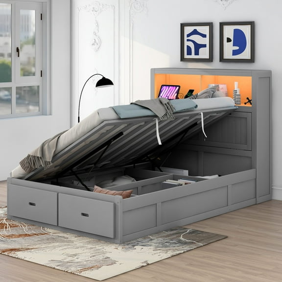 Wood Full/Queen Size Hydraulic Platform Bed with Storage LED Headboard, Charging Station and 2 Drawers