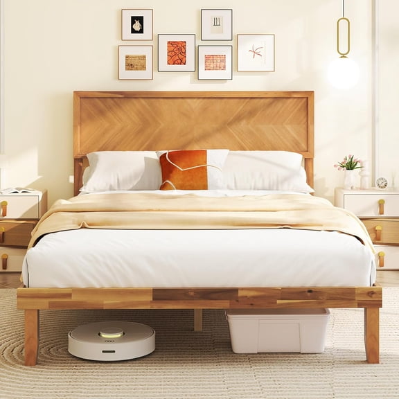 Wood Full Size Bed Frame with Headboard, Solid Acacia Wood Platform Bed with 12 Strong Wooden Slat Support, Scandinavian Style Art Deco Full Bed Frame, No Box Spring Needed, Rustic Brown