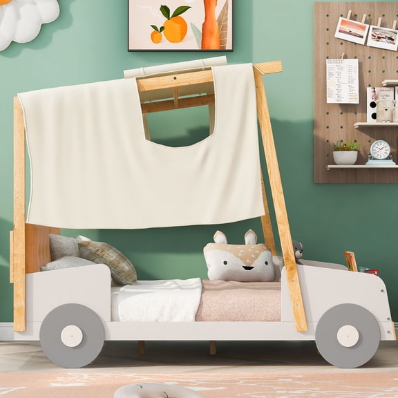 Wood Full Size Car Bed with Pillow, Ceiling Cloth Natural