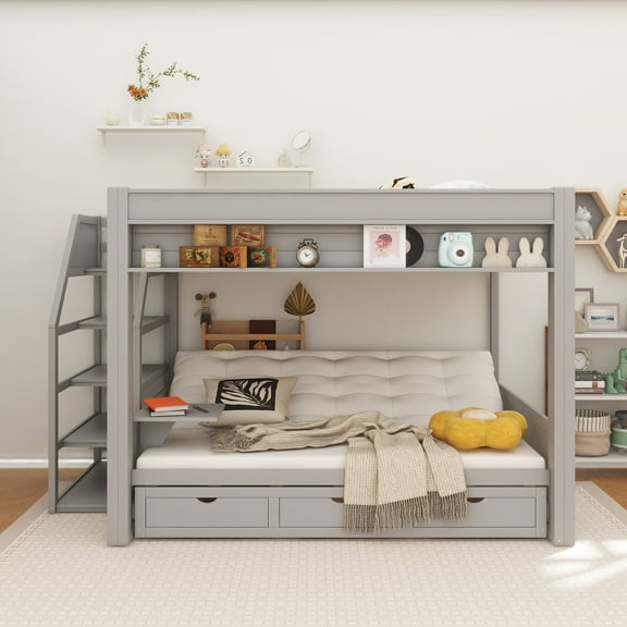 Wood Full Size Convertible Bunk Bed with Storage Staircase, Bedside Table, and 3 Drawers, Gray