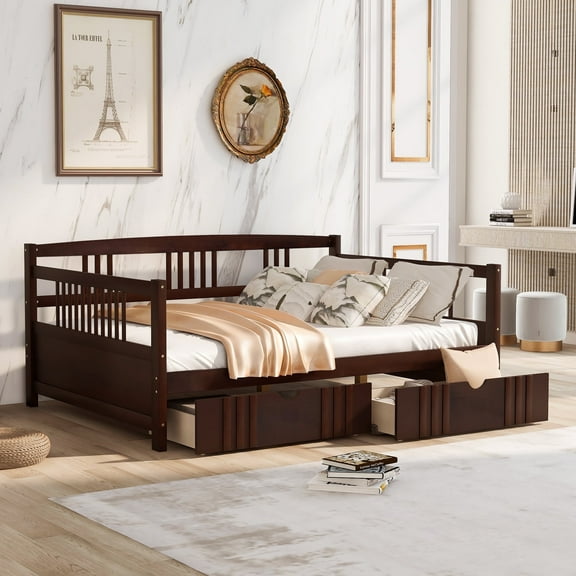 Harper & Bright Designs Wood Full Size Daybed with Trundle Bed Frame Full Wood Slat Support for Living Room, Espresso