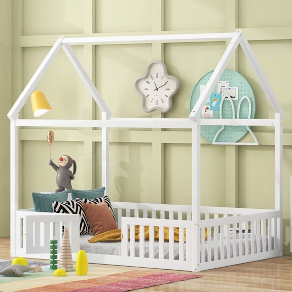 Wood Full Size House Bed with Fence & Door (White) - Great for Play!