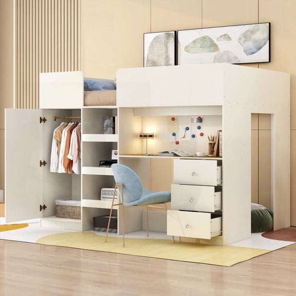 Full Size Wood Loft Bed with Built-in Wardrobe, Desk & Storage - Beige for Bedroom