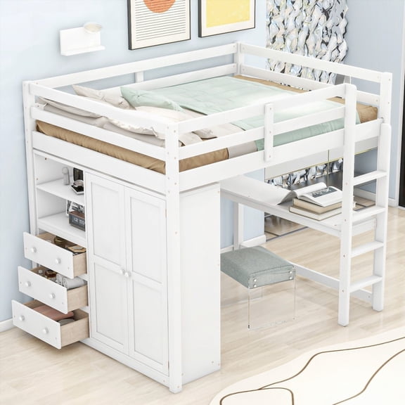 White Wood Full Size Loft Bed featuring Built-in Wardrobe, Desk & Shelves