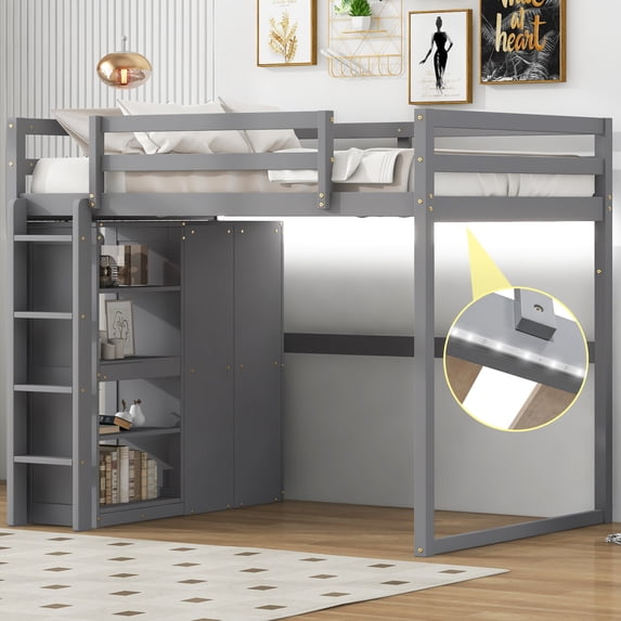 Wood Full Size Loft Bed with Built-In Wardrobe and Storage Shelves, Led Light, Gray