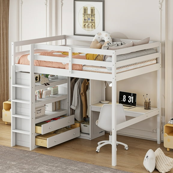 Wood Full Size Loft Bed with Built-in Wardrobe, Loft Bed Bed with Stairs & Desk, Storage Shelves and Drawers, White