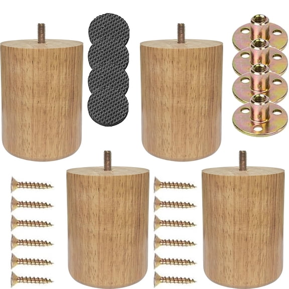 Wood Furniture Legs 4 inch Big Wooden Sofa Cabinet Couch Loveseat Feet Cylinder Style Furniture Legs for Sofa Bed DIY Replacement Feet Set of 4 (4 Inch)