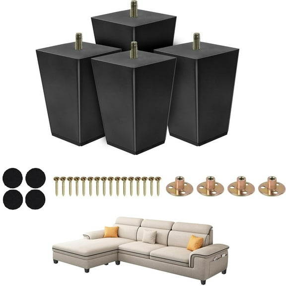 Wood Furniture Legs 4 inch Sofa Legs Pack of 4 Square Couch Legs Brown Mid-Century Modern Replacement Legs for Armchair Recliner Coffee Table Dresser
