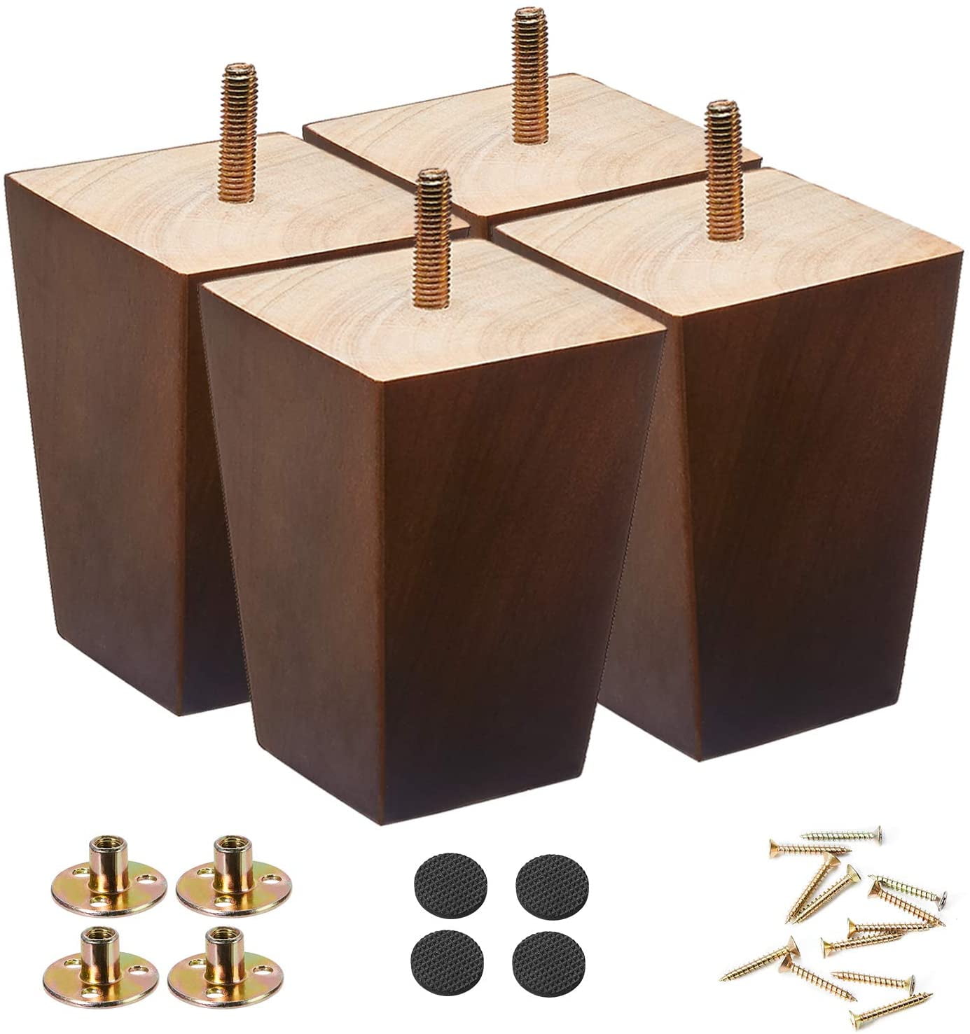 4'' Brown Rubber Wood Square Furniture Legs, Set of 4