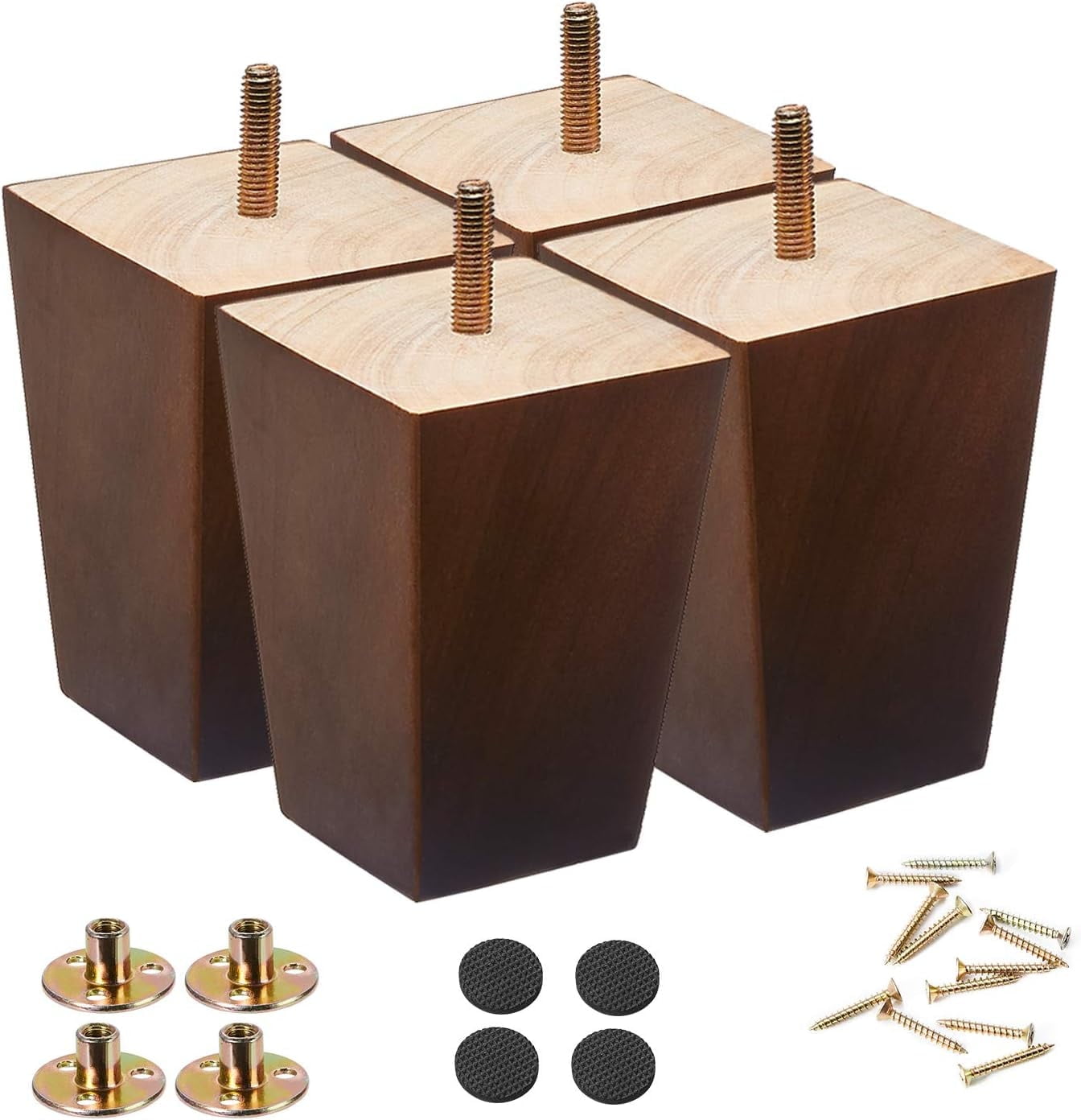 5" Square Brown Wood Furniture Legs, Pack of 4