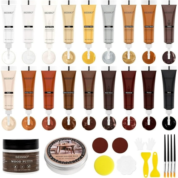 Wood Furniture Repair Kit, 18 Colors Wood Filler, Wood Putty & Wood Polish Wax Restore Wood Scratches, Cracks, Holes, Cabinet, Table, Floor, Door