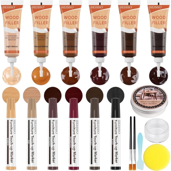 Wood Furniture Repair Kit, 6 Colors Wood Filler Hardwood Laminate Vinyl Floor Repair Kit, with Wood Putty, Wood Polish Wax for Hole, Scratch, Crack, Stain (Walnut Wood 20Pcs)