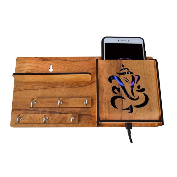 Wood Ganesha Key Holder with Mobile Stand and Wall Shelf Rack, 6 Key Hanger Hooks
