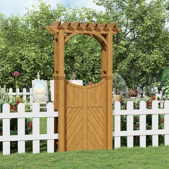 Wood Garden Arch Arbor with Gate & Trellis,Outdoor Arch Trellis for Climbing Plants, Suitable for Wedding Backdrop, Yard Entryway, Garden Decor, Natural