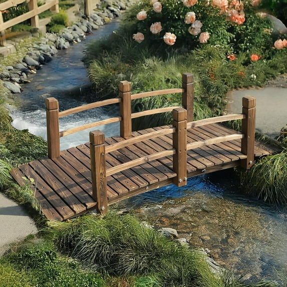Wood Garden Bridge Classic Wooden Arch Stained Finish Footbridge with Safety Railings, 530 lbs Capacity, Decorative Pond Bridge Landscaping for Outdoor Yard Farm Garden Creek Ponds, Carbonized
