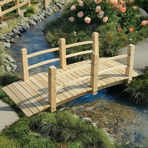 Wood Garden Bridge Classic Wooden Arch Stained Finish Footbridge with Safety Railings, 530 lbs Capacity, Decorative Pond Bridge Landscaping for Outdoor Yard Farm Garden Creek Ponds