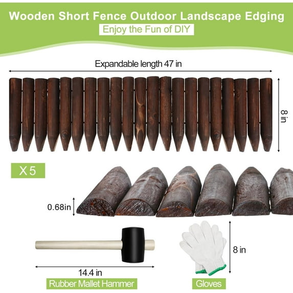 Wood Garden Edging Fence Border 20ft Set with Gloves Hammer for Lawn Yard Flower Beds