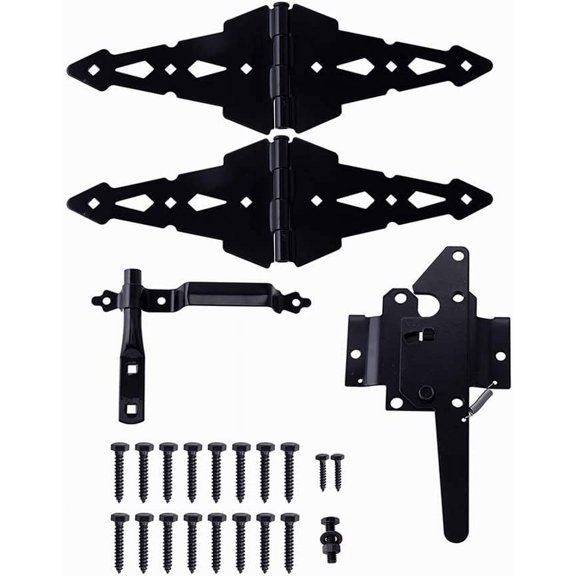 Wood Gate Hardware Set - Heavy Duty 8" Decorative Strap Hinges and Spring Loaded Latch Kit with Screws for Outdoor Fence Swing Gate Black Finish