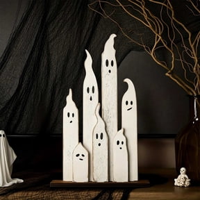 Wood Ghost Table Decor, White Farmhouse Halloween Shelf Ornament, 7.1 in
