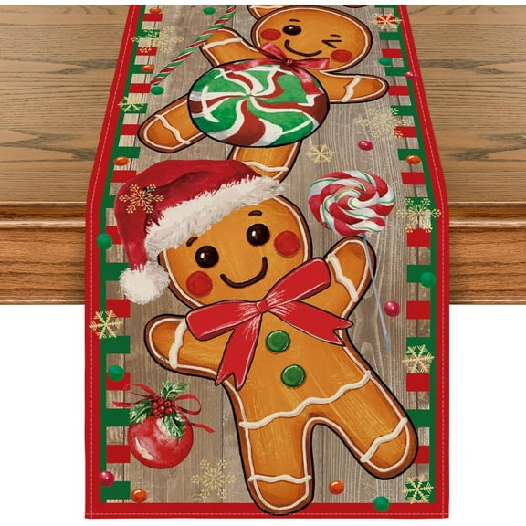 Wood Gingerbread Candy Cane Christmas Table Runner, Seasonal Winter Kitchen Dining Table Decoration for Home Party Decor 13x72 Inch