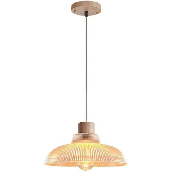 Wood Glass Pendant Light for Dining Room, Round Vintage Farmhouse Pendant Light Fixture, Modern Nordic Pendant Lighting, Retro Rustic Pendant Lamp for Kitchen Island Over Table Above Sink