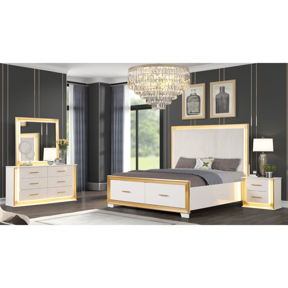 Wood & Gold Craft - LED Lights Functionality - Bedroom Decor Arrangement - 4 Piece Queen Bedroom Set