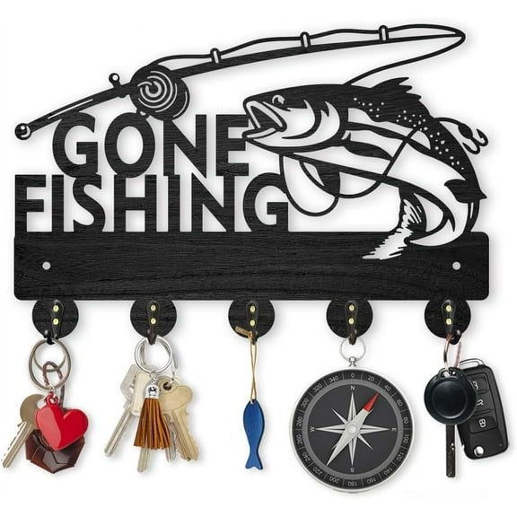 Wood Gone Fishing Coat Rack Wall Mount Key Holder for Wall 11.87.9inch Black Lake Fish Key Rack Hangers 5 Alloy Hooks Wall Art Decor for Entryway Front Door Lover Gift for DIY