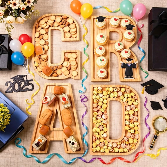 Wood Graduation GRAD Letter Tray Set 4 Piece Class of 2025 Party Decor Serving Snack Holder Display for Celebration Gift Table Centerpiece Rustic Wood Graduation Party Keepsake Decoration