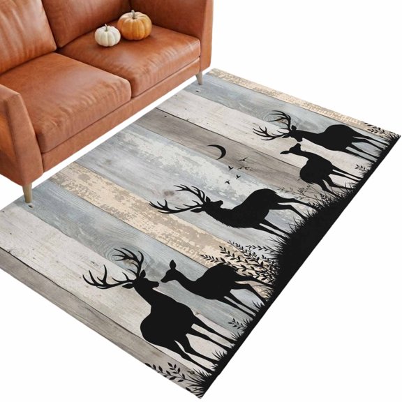 Wood Grain 3'x5' Entryway Rugs for Bedroom Foot of Bedside Small Living Room, Deer Herd Silhouettes Rustic Slate Gray Wooden Striped Washable Mats Non Slip Rectangle Area Rug