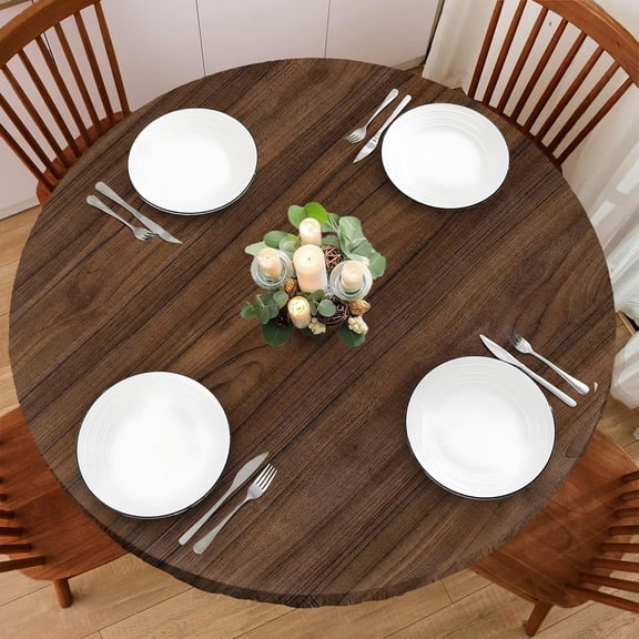 Wood Grain 42 Inch Round Fitted Cloth Tablecloth with Elastic Edged, Waterproof Oil Proof Wipeable Table Cover for Indoor Outdoor Patio Table, Fits Round Tables Up to 40" - 44" Diameter