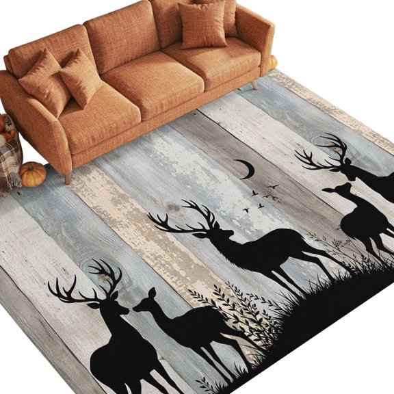 Wood Grain 9'x12' Area Rugs for Living Room Sectional Sofa, Deer Herd Silhouettes Rustic Slate Gray Wooden Striped Washable Sturdy Non Slip Soft Sturdy Rectangle Home Area Rug
