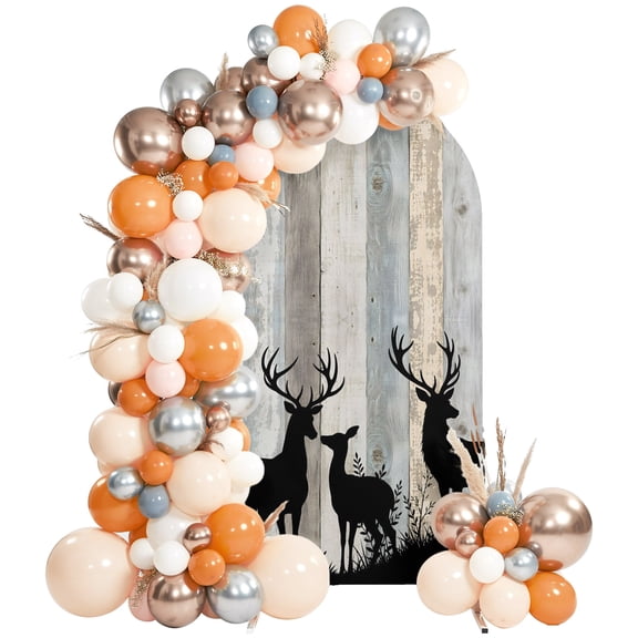 Wood Grain Arch Backdrop Cover 4 FT, Deer Herd Silhouettes Rustic Slate Gray Wooden Striped Wedding Arch Cover Stretchy Backdrop Stands Covers for Birthday Party Ceremony Banquet Decor
