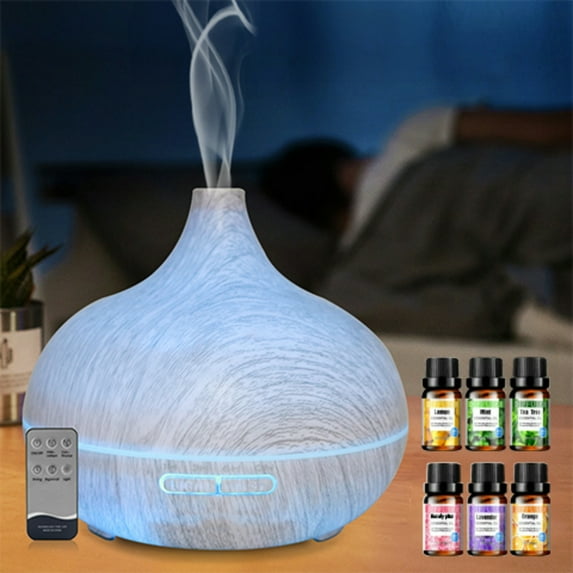Wood Grain Aromatherapy Diffuser 550ml Ultrasonic Humidifier Remote Control & 6 Luxury Oils Silent Operation for Relaxation & Sleep
