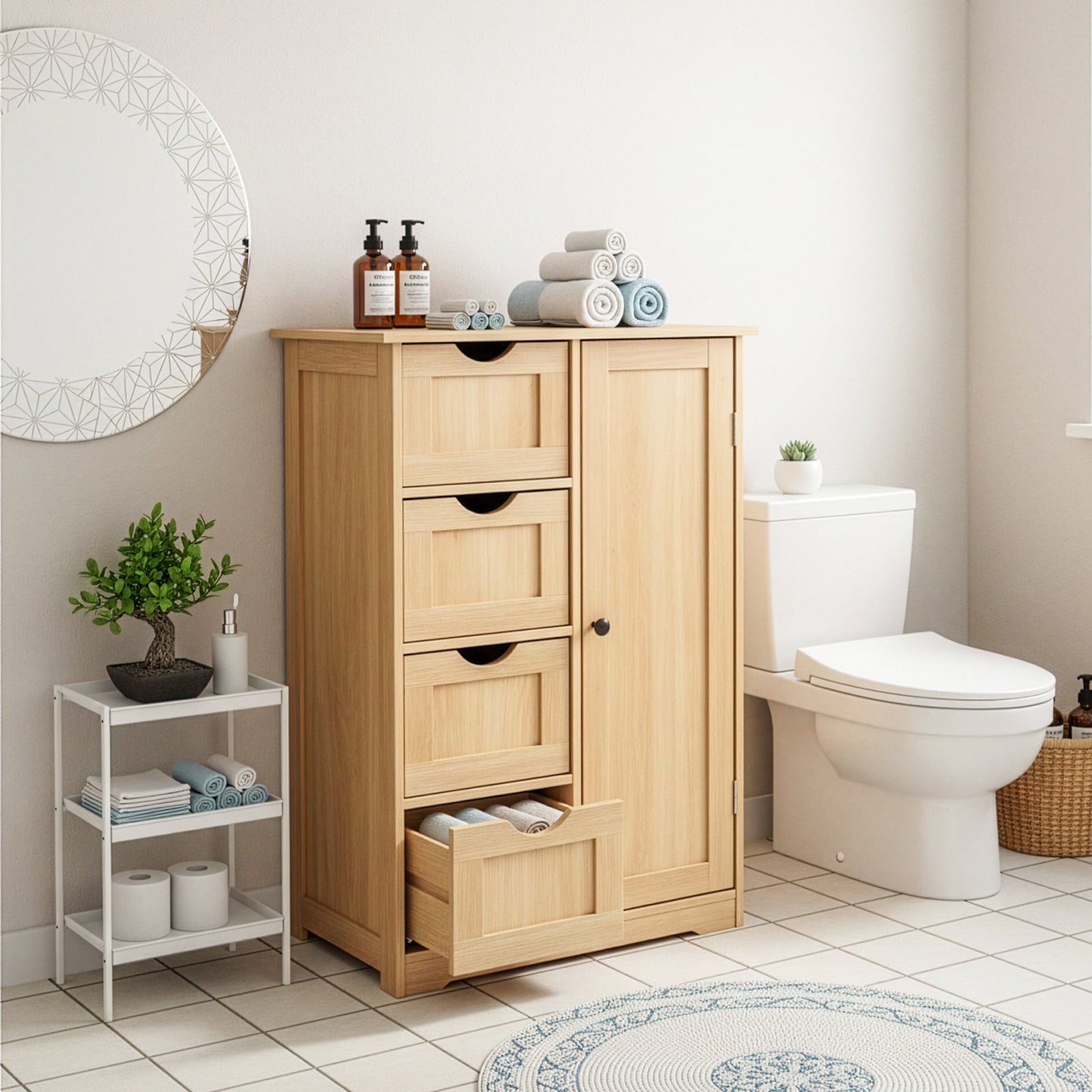 Wood-Grain Bathroom Storage Cabinet, 4 Drawers and 1 Door MDF Cabinet, Compact Moisture-Resistant Organizer for Small Bathrooms