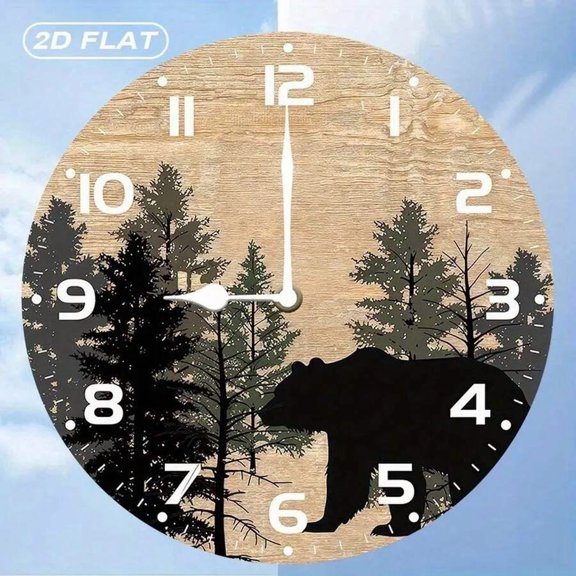 Wood Grain Black Bear Forest Pine Tree Round Wall Clock, Silent Non‑Ticking Rustic Cabin Wall Clock, Wildlife Nature Themed Decorative Wall Clock for Lodge Living Room