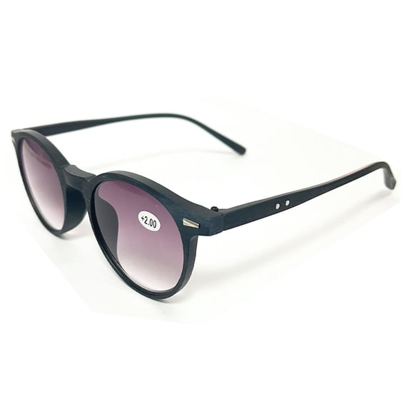 Wood Grain Black Temple Reading Glasses Sunglasses 4.00 for Women Men Gradient Gray Vintage Round Readers UV +4.00 Strength