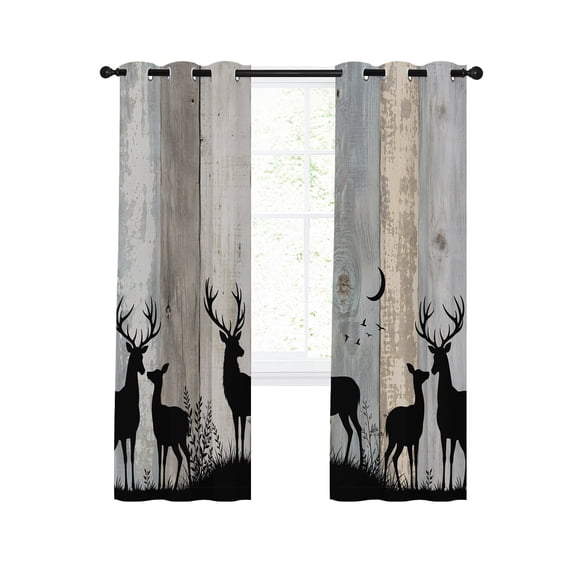 Wood Grain Blackout Curtains for Bedroom Living Room, Deer Herd Silhouettes Rustic Slate Gray Wooden Striped 96 In Long Thermal Insulated Room Darkening Drapes Grommet Window Treatments, 52 x 96 In
