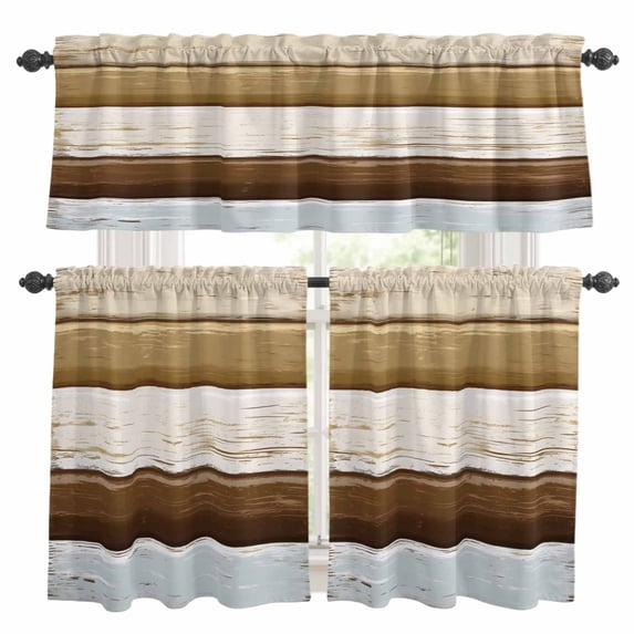 Wood Grain Brown Kitchen Curtains Sets for Windows 24 Inch Length, Farmhouse Vintage Country Geometric Rod Pocket Window Treatments Tier Curtains and Valances Set for Bedroom/Bathroom
