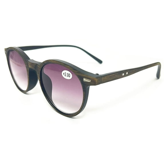 Wood Grain Brown Temple Reading Glasses Sunglasses 2.50 for Women Men Gradient Gray Vintage Round Readers UV +2.50 Strength
